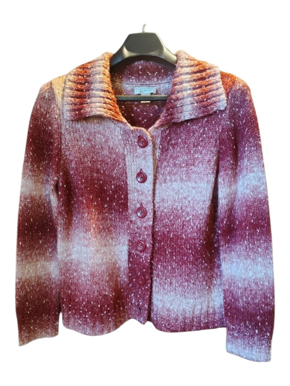 Christopher & Banks Burgundy and Cream Ombre Marled Button-Front Cardigan